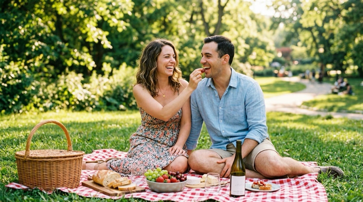Pärchen auf einem kreativen Date beim Picknick im Park