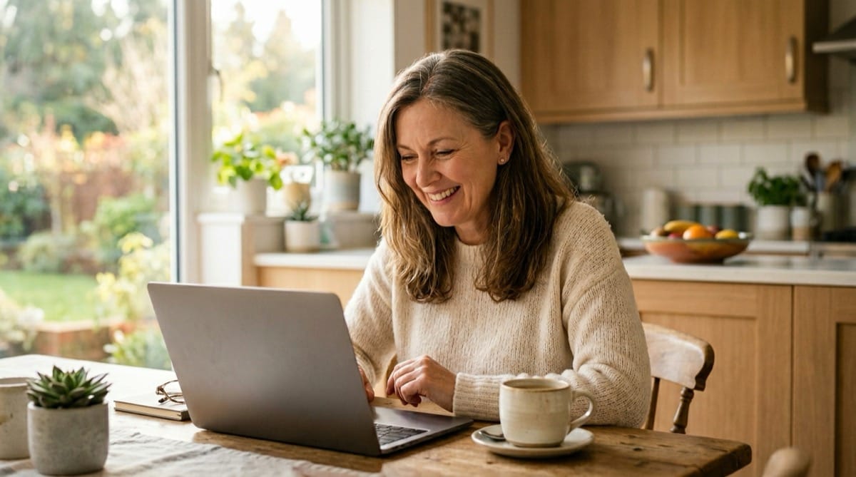 Glückliche Frau ab 50 am Laptop bei der Online-Partnersuche